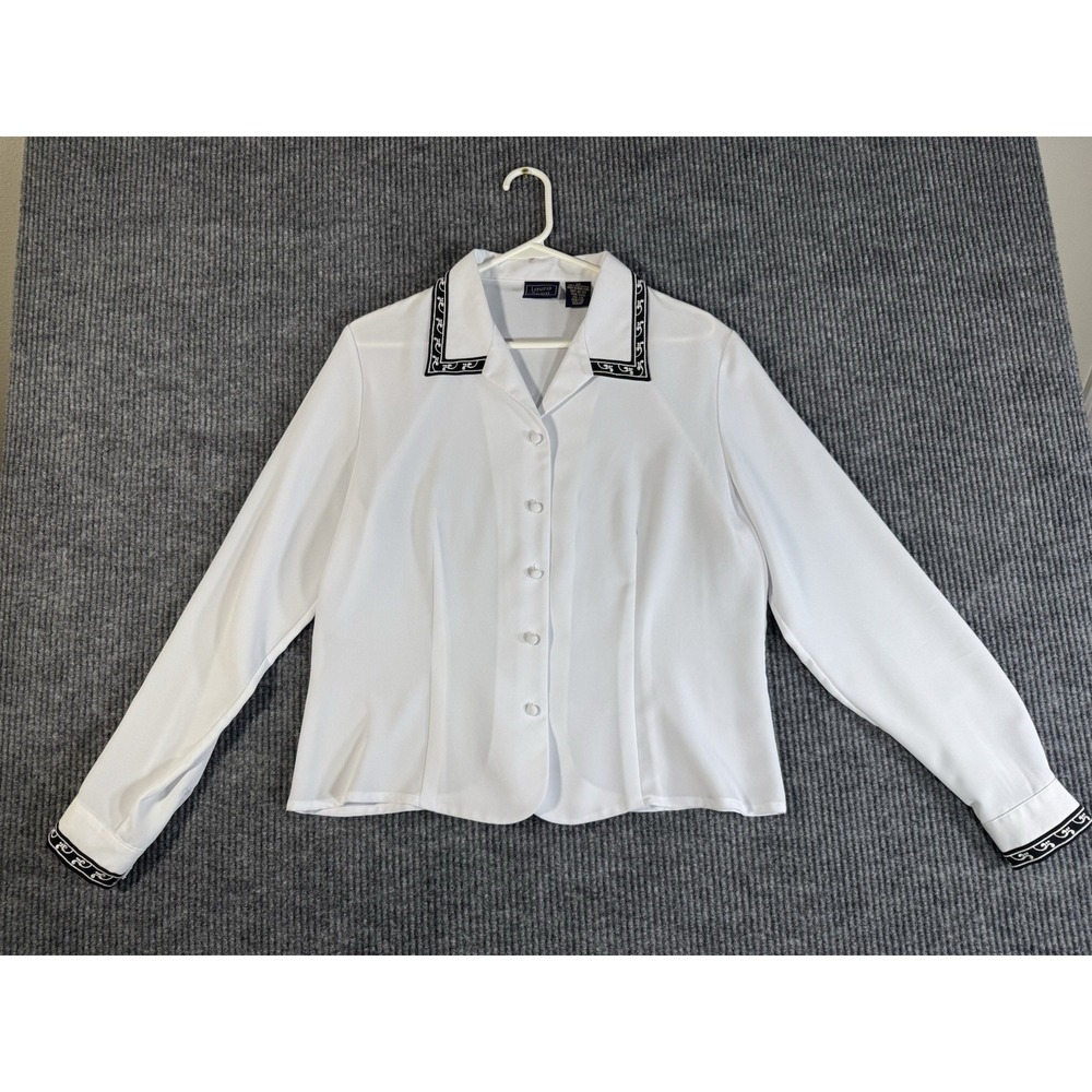 Vintage Laura Scott Women's White Black Embroidered Button-Up Blouse Long Sleeve